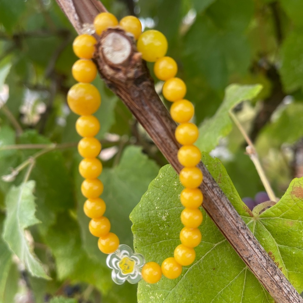 Yellow Beaded Bracelet with Silver Flower Charm